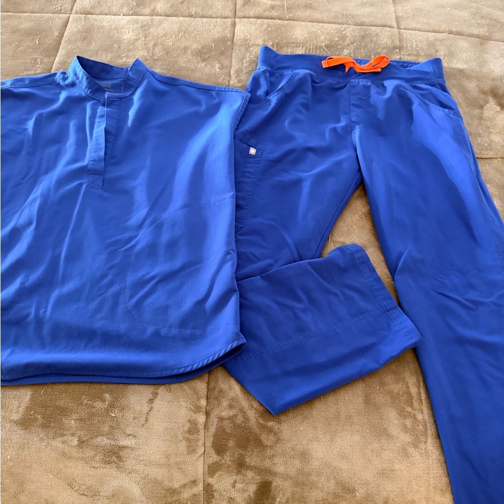 Figs Women's Royal Blue Scrub Top and Pants with Orange Drawstring